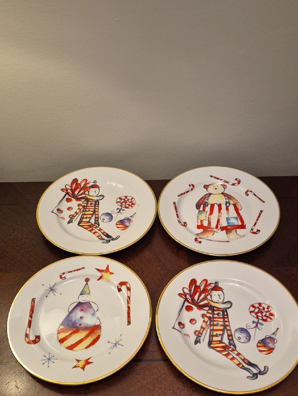 ROSANNA Italy, LOT of 4 Salad Plates, Christmas Plates Candy Cane Bear Snowman